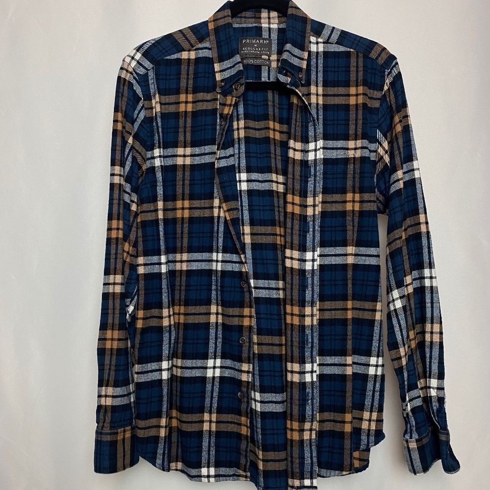 💙5/$15 Primark Unisex Button Down Long Sleeve Blue/Tan Flannel Medium